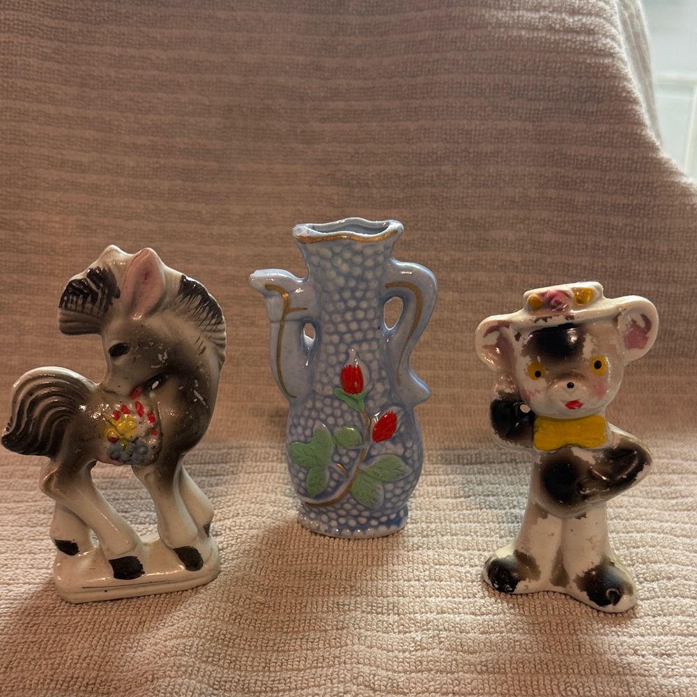 Vintage donkey, vase, bear porcelain figurines set. Made in Japan